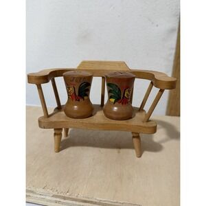 Vintage Salt & Pepper Set Wooden Bench Spindle Legs with Shakers Roosters